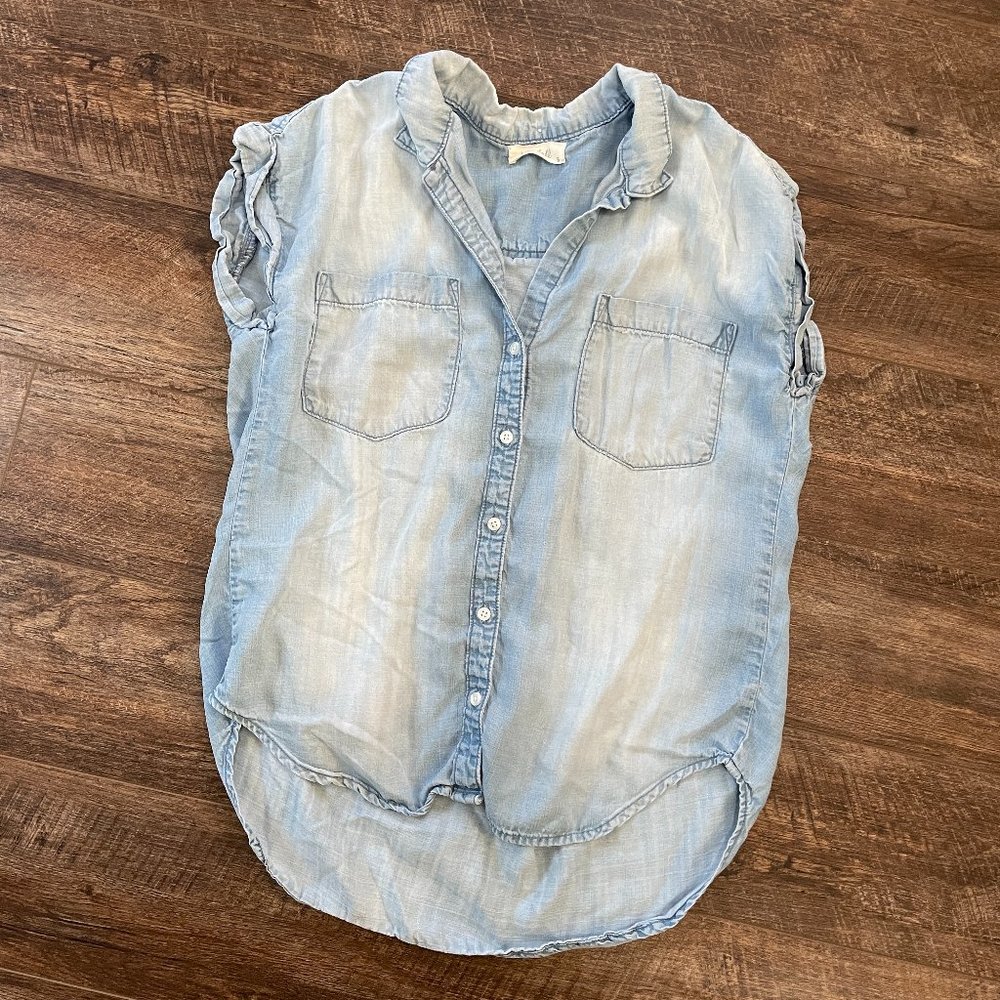 Bella Dahl Small Blue Roll Sleeve Button Tank